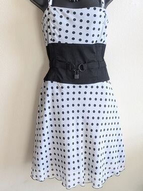 Tripp NYC Black and White Polka Dot Midi Dress with Waist Belt Detail